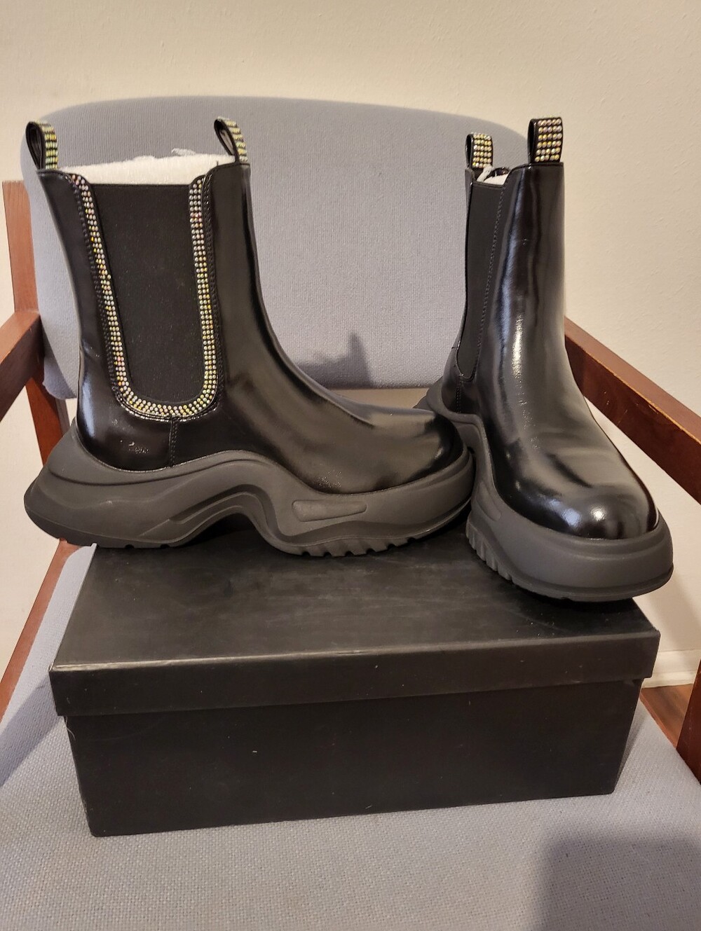 NWT Black BLING Patent Chelsea Boots w/ Stud Pull Tabs
